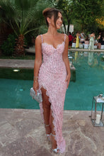 Load image into Gallery viewer, Luxurious Sheath Spaghetti Straps Pink Lace Party Dress with Beading