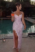 Load image into Gallery viewer, Hot Sheath Spaghetti Straps Pink Corset Party Dress with Lace Beading