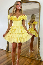 Load image into Gallery viewer, Stunning Yellow A-Line Off The Shoulder Tiered Satin Homecoming Dress