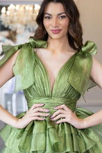 Load image into Gallery viewer, Stunning A-Line Deep V-Neck Short Tiered Satin Homecoming Dress