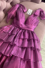 Load image into Gallery viewer, Stunning A-Line Deep V-Neck Short Tiered Satin Homecoming Dress