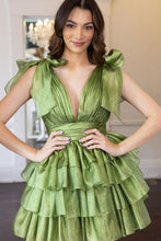 Load image into Gallery viewer, Stunning A-Line Deep V-Neck Short Tiered Satin Homecoming Dress