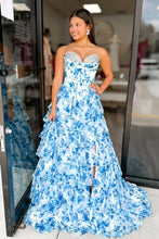 Load image into Gallery viewer, Stunning A Line Sweetheart Blue Printed Corset Prom Dress with Beading Ruffles