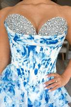 Load image into Gallery viewer, Stunning A Line Sweetheart Blue Printed Corset Prom Dress with Beading Ruffles
