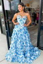 Load image into Gallery viewer, Stunning A Line Sweetheart Blue Printed Corset Prom Dress with Beading Ruffles