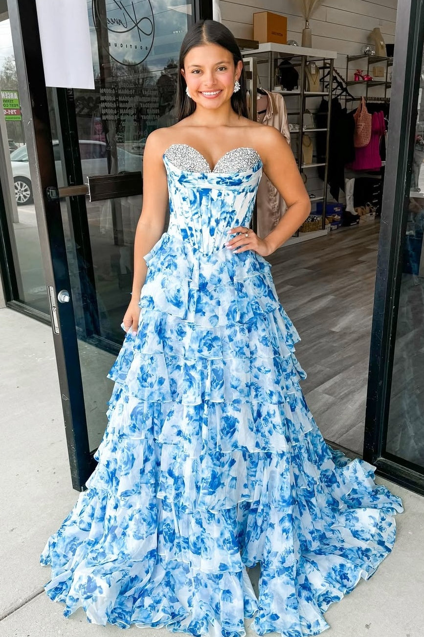 Stunning A Line Sweetheart Blue Printed Corset Prom Dress with Beading Ruffles