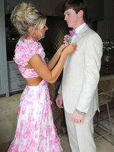 Load image into Gallery viewer, Stunning Blue V-Neck Waist Hollow A-Line Long Tiered Print Chiffon Prom Dress