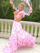 Load image into Gallery viewer, Stunning Blue V-Neck Waist Hollow A-Line Long Tiered Print Chiffon Prom Dress