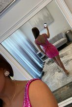Load image into Gallery viewer, Sparkly Sheath Deep V Neck Fuchsia/Navy Blue Short Homecoming Dress with Beading