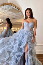 Load image into Gallery viewer, Stunning Light Blue A-Line Long Ruched Tulle Prom Dress with Slit