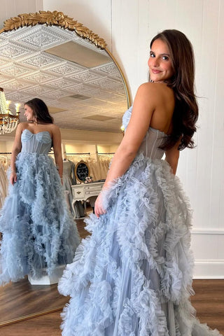 Stunning Light Blue A-Line Long Ruched Tulle Prom Dress with Slit