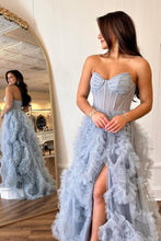 Load image into Gallery viewer, Stunning Light Blue A-Line Long Ruched Tulle Prom Dress with Slit