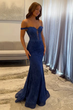 Load image into Gallery viewer, Stunning Mermaid Off the Shoulder Navy Long Prom Dress with Appliques Beading