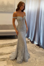 Load image into Gallery viewer, Stunning Mermaid Off the Shoulder Navy Long Prom Dress with Appliques Beading