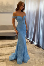Load image into Gallery viewer, Stunning Mermaid Off the Shoulder Navy Long Prom Dress with Appliques Beading