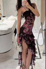 Load image into Gallery viewer, Stunning Sheath Asymmetrical Spaghetti Straps Burgundy Party Dress with Ruffles