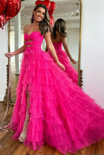 Load image into Gallery viewer, Fuchsia A-Line Sweetheart Tulle Long Prom Dress With Slit And Bowknot