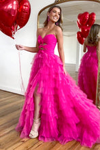 Load image into Gallery viewer, Fuchsia A-Line Sweetheart Tulle Long Prom Dress With Slit And Bowknot
