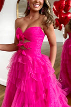 Load image into Gallery viewer, Fuchsia A-Line Sweetheart Tulle Long Prom Dress With Slit And Bowknot