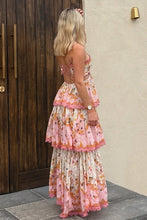 Load image into Gallery viewer, Stylish A Line Spaghetti Straps Pink Printed Long Prom Dress with Criss Cross Back