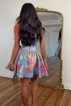 Load image into Gallery viewer, Stylish A Line Strapless Blue Printed Short Homecoming Dress with Bowknot
