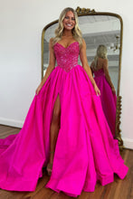 Load image into Gallery viewer, Stylish A Line Sweetheart Fuchsia Long Prom Dress with Beading Split Front
