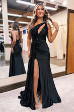 Load image into Gallery viewer, Black Mermaid Satin One Shoulder Sweep Train Prom Dress With Beading