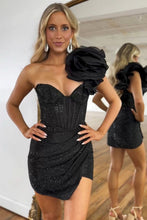 Load image into Gallery viewer, Stylish Black One Shoulder Bodycon Beaded Homecoming Dress With Flower