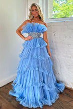 Load image into Gallery viewer, Newly Blue A Line Strapless Long Tiered Prom Dress With Beaded Belt