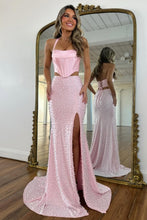 Load image into Gallery viewer, Stunning Two Piece Halter Neck Pink Corset Prom Dress with Pearls