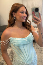 Load image into Gallery viewer, Stylish Bodycon Off the Shoulder Light Blue Corset Homecoming Dress with Pearls