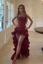 Load image into Gallery viewer, Stylish High Low Strapless Burgundy Long Prom Dress with Tassel Ruffles