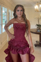 Load image into Gallery viewer, Stylish High Low Strapless Burgundy Long Prom Dress with Tassel Ruffles