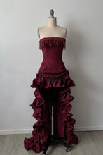Load image into Gallery viewer, Stylish High Low Strapless Burgundy Long Prom Dress with Tassel Ruffles