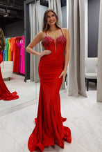 Load image into Gallery viewer, Stylish Mermaid Spaghetti Straps Fuchsia Corset Prom Dress with Beading