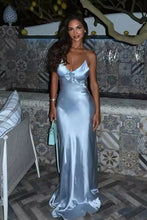 Load image into Gallery viewer, Chic Mermaid Spaghetti Straps Grey Blue Long Prom Dress with 3D Flowers