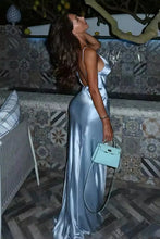 Load image into Gallery viewer, Chic Mermaid Spaghetti Straps Grey Blue Long Prom Dress with 3D Flowers