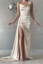Load image into Gallery viewer, Stylish Mermaid Spaghetti Straps Long Pleated Satin Formal Dress with Slit