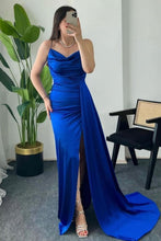 Load image into Gallery viewer, Stylish Mermaid Spaghetti Straps Long Pleated Satin Formal Dress with Slit