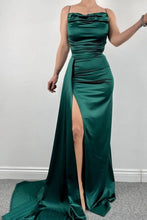 Load image into Gallery viewer, Stylish Mermaid Spaghetti Straps Long Pleated Satin Formal Dress with Slit