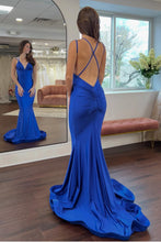 Load image into Gallery viewer, Stylish Mermaid Spaghetti Straps Royal Blue Long Prom Dress with Criss Cross Back