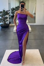 Load image into Gallery viewer, Stylish Mermaid Strapless Long Pleated Satin Prom Dress with Slit