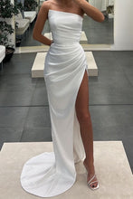 Load image into Gallery viewer, Stylish Mermaid Strapless Long Pleated Satin Prom Dress with Slit