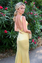 Load image into Gallery viewer, Stylish Mermaid V Neck Yellow Long Prom Dress with Criss Cross Back