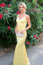 Load image into Gallery viewer, Stylish Mermaid V Neck Yellow Long Prom Dress with Criss Cross Back