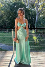 Load image into Gallery viewer, Stylish Mint Green Sheath Waist Hollow Tie Back Long Satin Prom Dress
