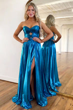 Load image into Gallery viewer, Metallic A-Line Peacock Blue Sweetheart Sweep Train Prom Dress With Slit