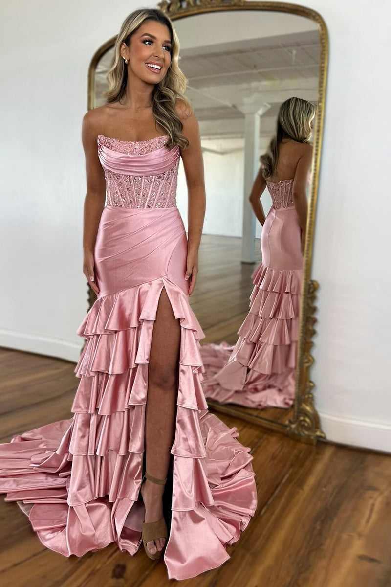 Elegant Mermaid Strapless Pink Slit Sequin Long Prom Dress Evening Dresses C3270 main image 0