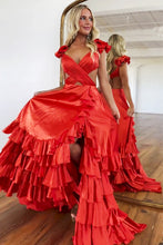 Load image into Gallery viewer, Satin Red A-Line Cutout Waist V-Neck Tiered Prom Dress With Split
