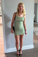 Load image into Gallery viewer, Stylish Sheath Spaghetti Straps Light Green Short Homecoming Dress with Pearls